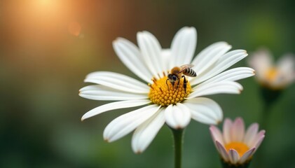 Fototapeta premium Delicate white echinacea flower with a tiny bee, bloom, bees, nature