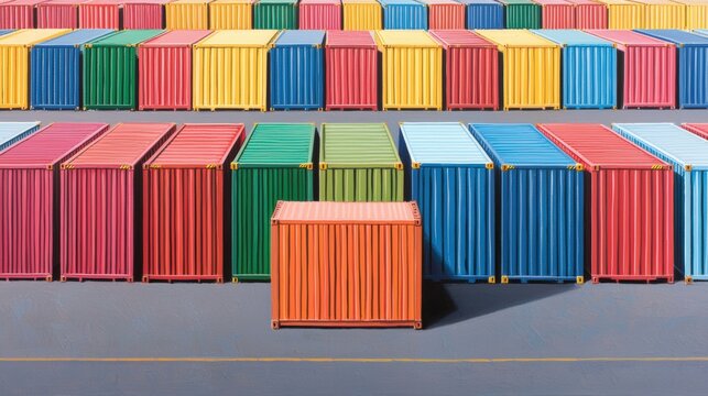 A vibrant array of shipping containers arranged in rows, showcasing various colors including red, green, yellow, and blue against a gray surface.cargo management warehouse scheduling