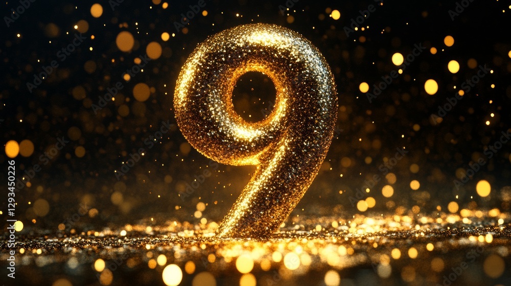 Poster golden number nine shining with sparkles and bokeh effects in warm tones. festive celebration and lu