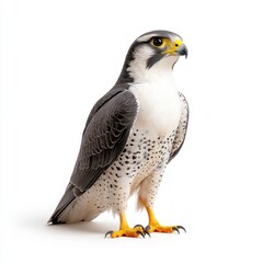 Obraz premium Majestic peregrine falcon with dark gray and white plumage, yellow feet and beak, standing against a bright white background. Studio shot