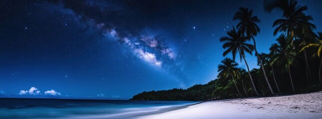 Starry night sky illuminates a peaceful beach surrounded by palm trees near the ocean