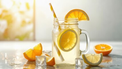 Refreshing lemonade served in a jar with ice and fresh citrus on a sunny day