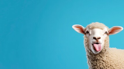 Fototapeta premium Playful lamb with tongue out against a light blue background. Close up portrait of a fluffy sheep