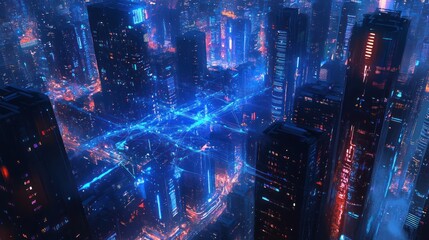 Obraz premium Futuristic city at night, aerial view, glowing network. Cyberpunk background for sci-fi design
