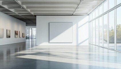 Fototapeta premium Modern Art Gallery Interior with Large Blank Canvas and Sunlight