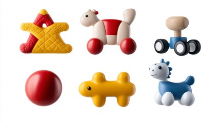 Obraz premium Six miniature toy animals and shapes on a white background. Includes a star, horse, car, ball, lizard, and dragon. Soft, pastel colors