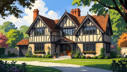 Large house with gables and brick chimneys. Tudor architecture with black trim. Green lawn and garden landscape around house. Illustration