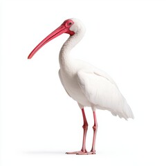 Obraz premium White ibis bird standing against a white background. The bird is in profile view, showcasing its long, curved beak and elegant posture