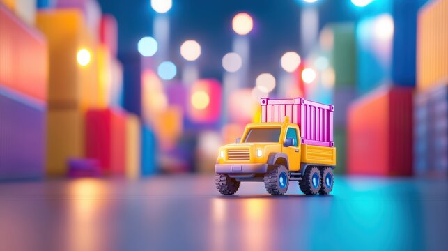 A vibrant toy truck sits in a colorful, blurred warehouse setting filled with blocks, showcasing a playful and imaginative environment.cargo management warehouse scheduling