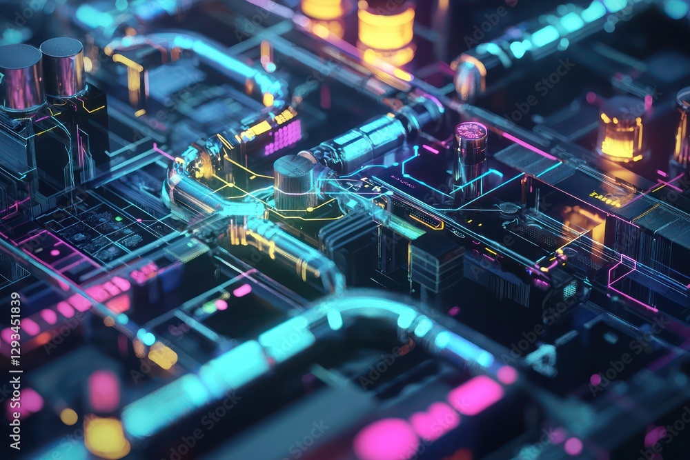 Poster holographic effects depict the evolution of digital workflows in abstract tech visuals.