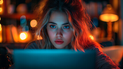 Beautiful university student is writing her thesis on a laptop at night, sitting at home at table, focusing on her research. Preparing for final exam, studying.