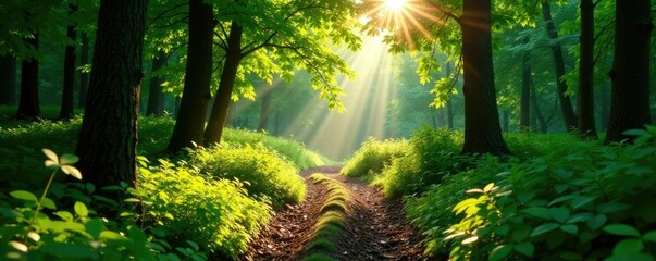 Obraz premium Forest trail with sunlight filtering through leaves,, tree branches, trails