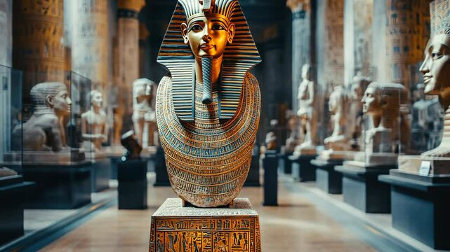 Ancient Egyptian statue stands in a museum surrounded by historical artifacts from different eras