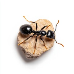 Black ant on a small, light beige rock against a white background. Detailed macro photography showcasing the insect's texture and form