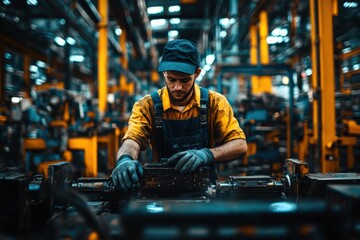 Obraz premium Focused Male Worker in Industrial Facility Wearing Gloves and Protective Gear, Engaged in Precision Tasks on Heavy Machinery in a Dynamic Manufacturing Environment