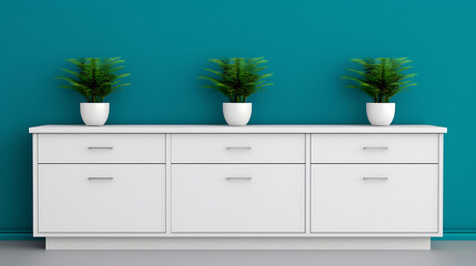 Modern White Cabinet with Three Potted Plants Teal Wall