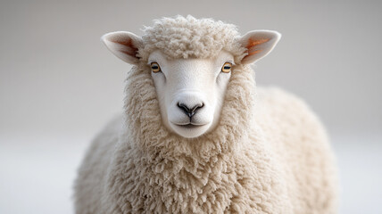 Fototapeta premium A serene sheep gazes directly into the camera, its thick, fluffy fleece a cloud of soft cream against a muted, neutral background.