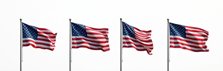 Obraz premium American flags set on flagpoles waving against white background. National symbol of freedom, independence, democracy. Red white, blue colors, stars, stripes represent patriotism, pride, memorial,