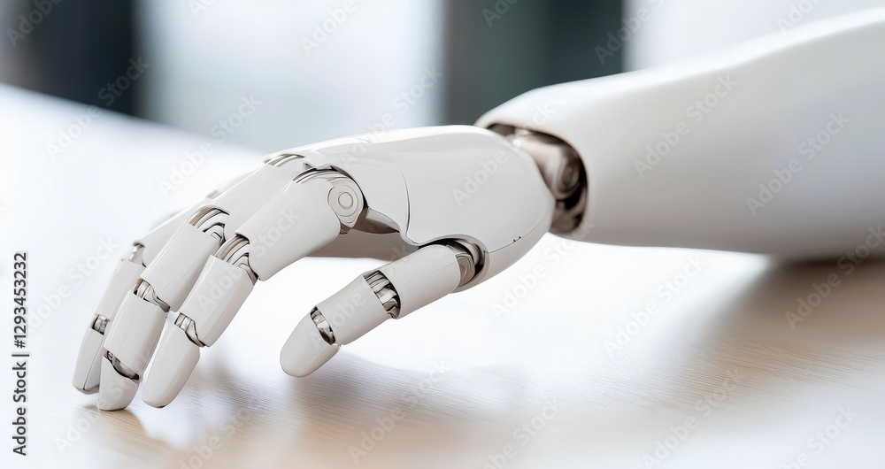 Poster marketing automation lead efficiency concept. robotic hand resting on a surface, showcasing intricat
