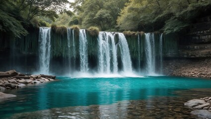 Fototapeta premium Waterfall flows into blue pond. Water cascades from rocky ledge. Green trees surround nature scene.