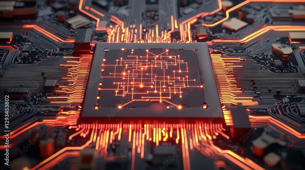 Poster marketing automation lead efficiency concept. high-tech microchip with glowing circuitry and intrica