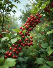 Wild bush full of ripe red berries surrounded by greenery, abundant, ripe and juicy