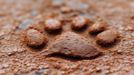 Close-up wet animal paw print in brown dirt