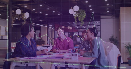 Image of financial data processing over diverse business people in office