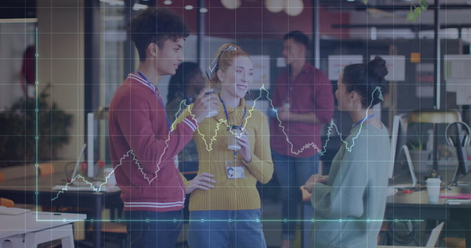 Image of financial data processing over diverse business people in office