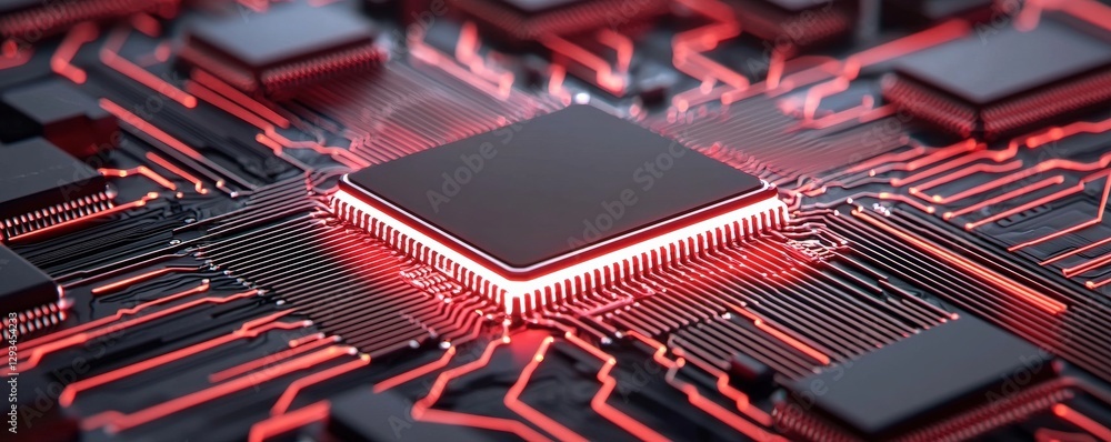 Poster marketing automation lead efficiency concept. futuristic circuit board with a glowing microchip in t