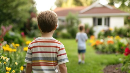 Fototapeta premium Two young boys walking through a flower garden towards a house. Concept of childhood, family, and summer.