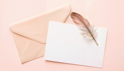 Blank card with envelope and feather on a soft pink background.