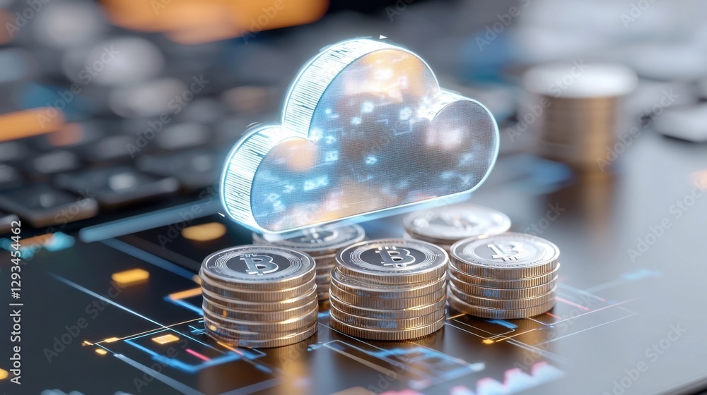 Poster digital cloud icon hovering above stacked coins on modern background