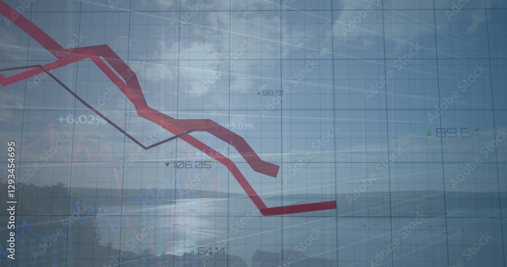 Poster image of financial data processing over red lines and landscape