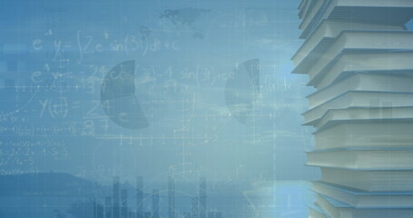 Image of financial data processing over books and landscape