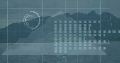 Obraz premium Image of financial data processing over landscape