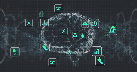 Image of eco icons and data processing over human brain and dna strand