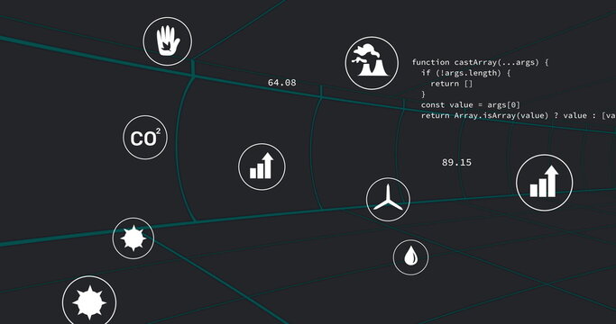 Image of eco icons and data processing over black background
