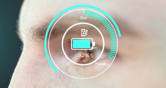 Image of battery charge icon and data processing over caucasian man