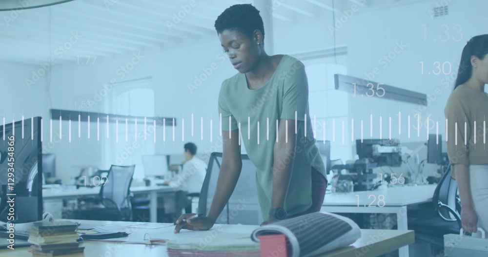 Aufkleber image of financial data processing over diverse colleagues working in office