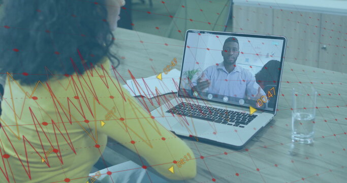 Image of data processing over african american businesswoman having image call in office