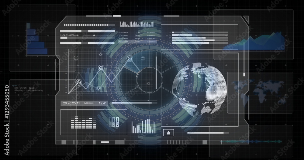 Poster image of globe and data processing over screen
