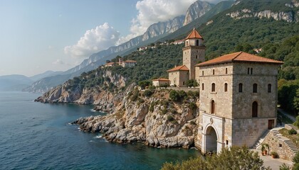 Naklejka premium Historic stone castle on a cliff overlooking the sea.