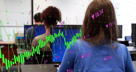 Image of financial data processing over diverse business people in office