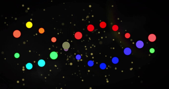 Image of colourful dna strand and light spots on black background - Powered by Adobe