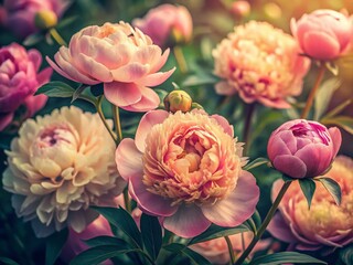 Fototapeta premium Vintage Style Photo: Budding Peonies of Varying Sizes