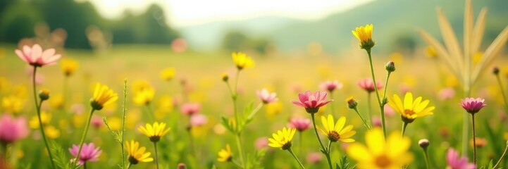 Gentle rustle of yellow and pink wildflowers in the soft breeze, field, blossoms
