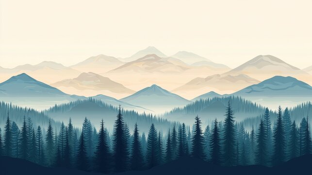 Vector illustration of a mountain landscape with forest in the foreground and mountains in the background. - Powered by Adobe
