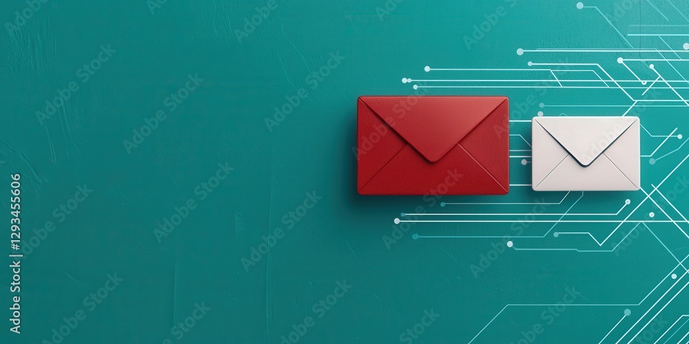 Poster marketing automation lead efficiency concept. colorful envelopes on a teal background with digital e