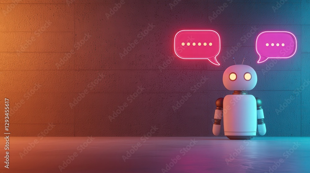 Poster marketing automation lead efficiency concept. robot with glowing chat bubbles in a modern digital se